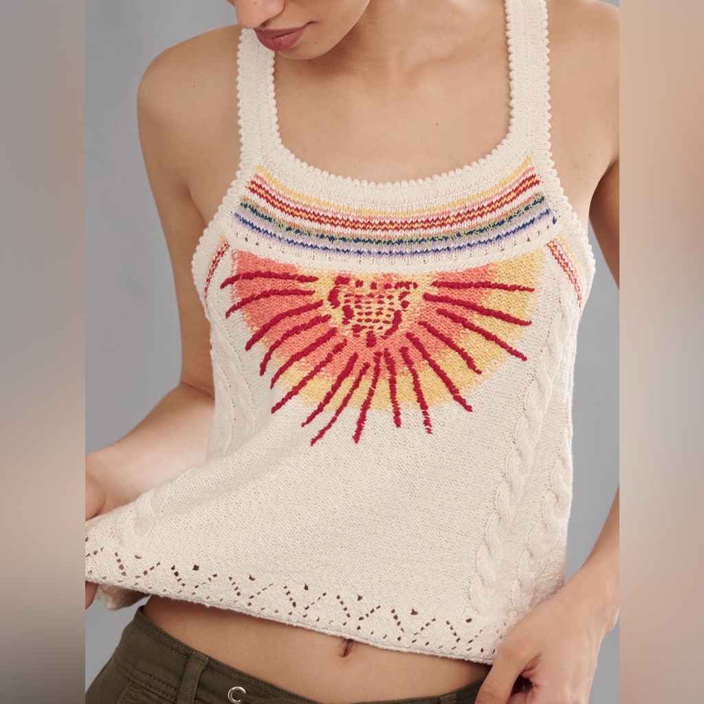 Anthropologie Sunshine Motif Fringed Crop Sweater Tank Sz Xl